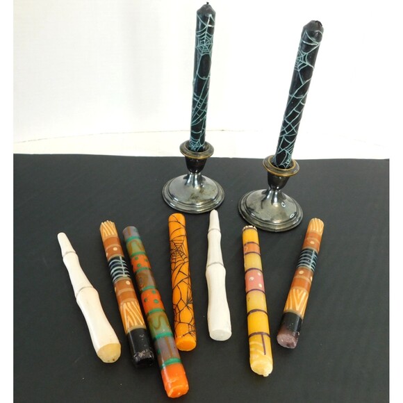 Halloween Candle Lot of 9 with Vintage Pilgrim Silverplate Candlesticks Holders - Picture 1 of 16